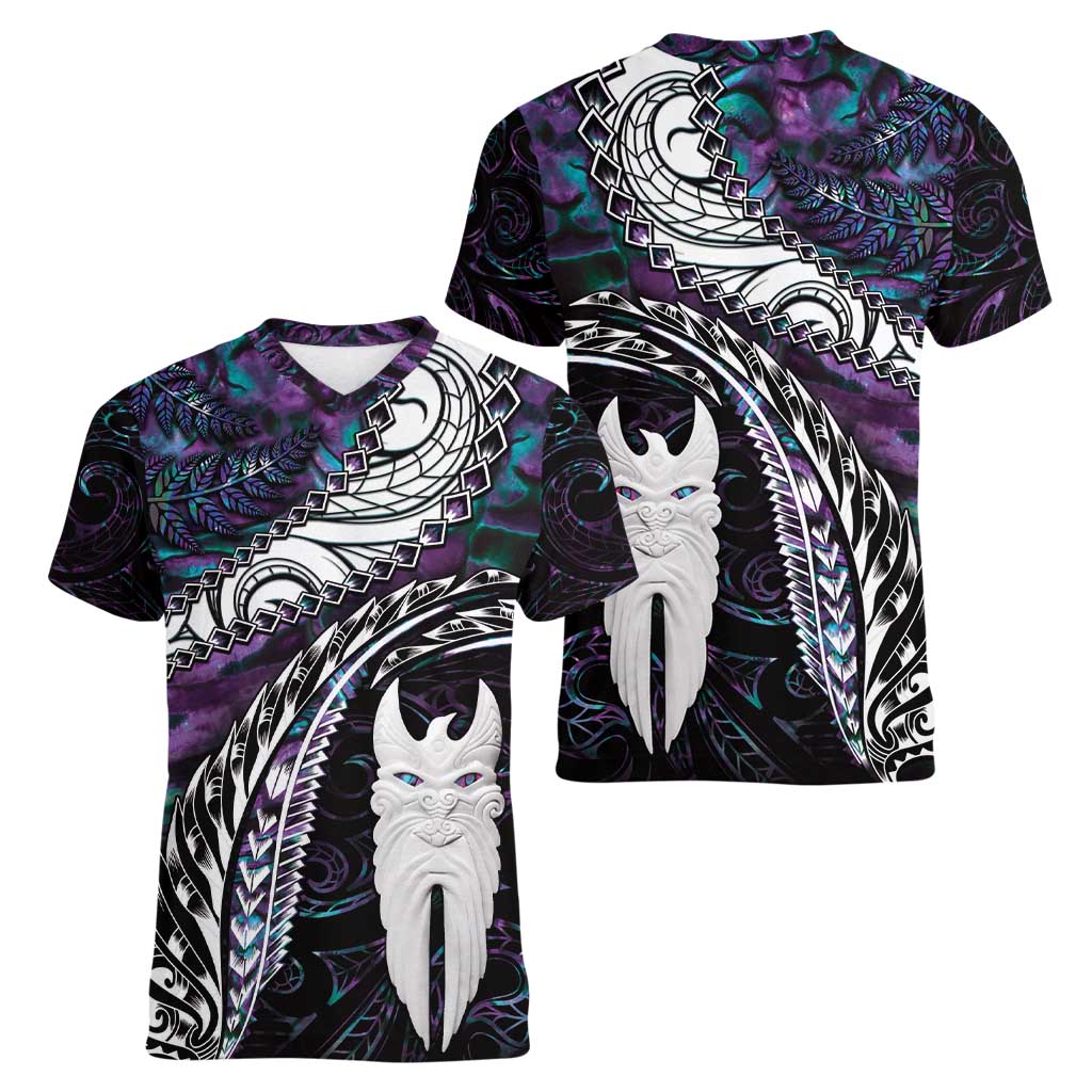 New Zealand Aotearoa Women V-Neck T-Shirt Maori Hei Rehua Paua Shell Glitter Purple LT05 - Polynesian Pride