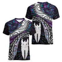 New Zealand Aotearoa Women V-Neck T-Shirt Maori Hei Rehua Paua Shell Glitter Purple LT05 - Polynesian Pride