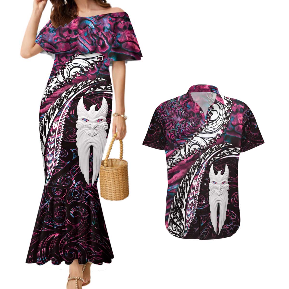 New Zealand Aotearoa Couples Matching Mermaid Dress and Hawaiian Shirt Maori Hei Rehua Paua Shell Glitter Pink LT05 Pink - Polynesian Pride
