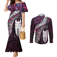New Zealand Aotearoa Couples Matching Mermaid Dress and Long Sleeve Button Shirt Maori Hei Rehua Paua Shell Glitter Pink LT05 Pink - Polynesian Pride