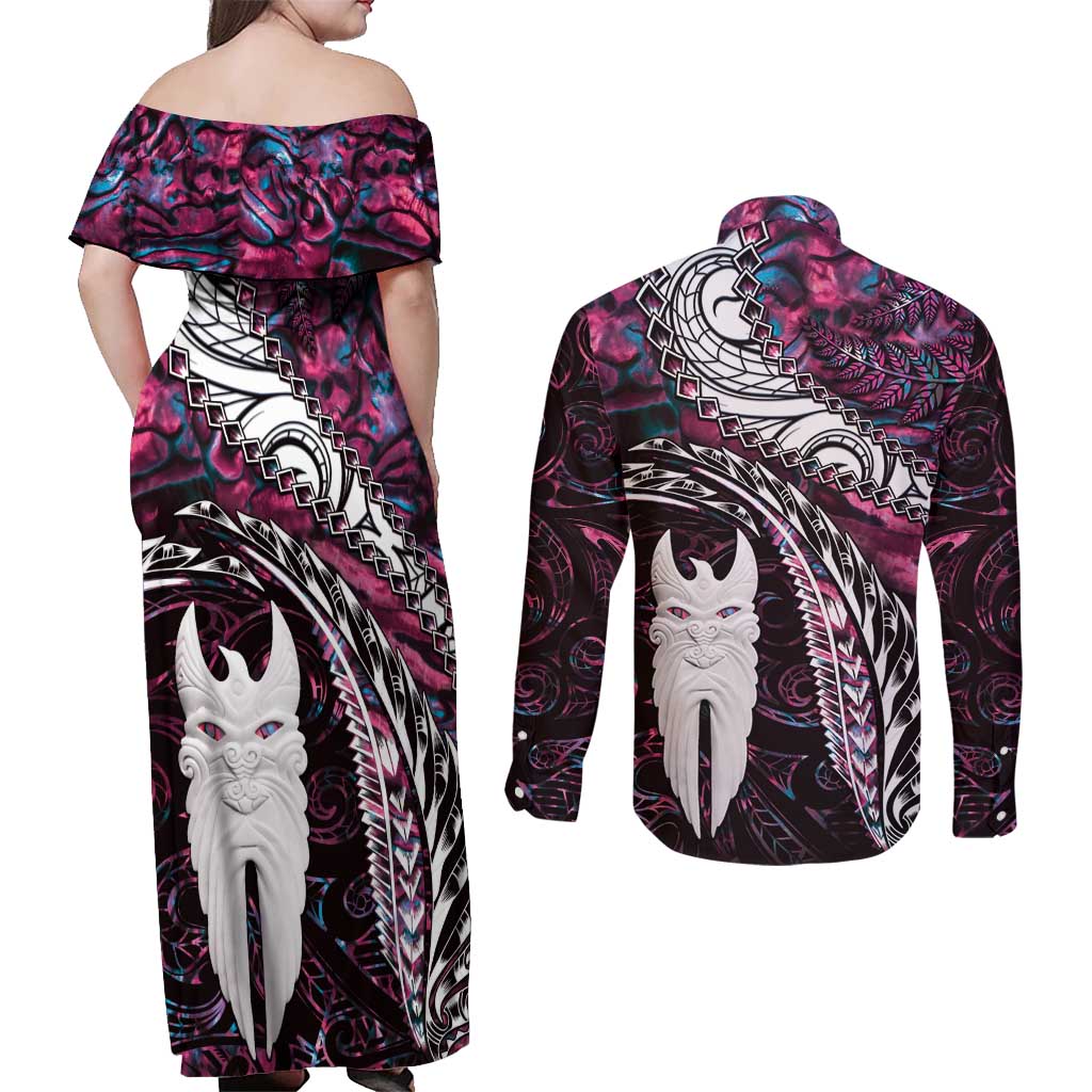 New Zealand Aotearoa Couples Matching Off Shoulder Maxi Dress and Long Sleeve Button Shirt Maori Hei Rehua Paua Shell Glitter Pink LT05 - Polynesian Pride