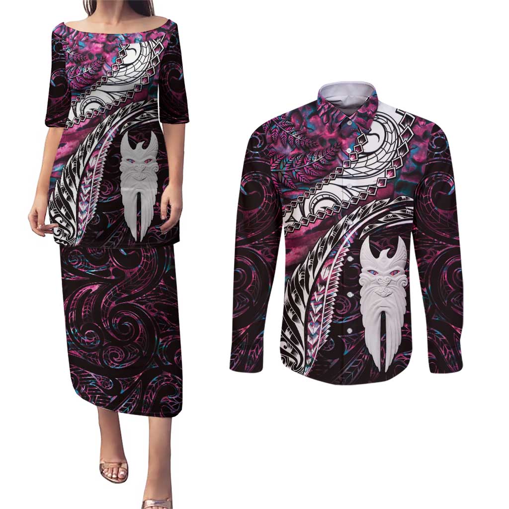 New Zealand Aotearoa Couples Matching Puletasi and Long Sleeve Button Shirt Maori Hei Rehua Paua Shell Glitter Pink LT05 Pink - Polynesian Pride