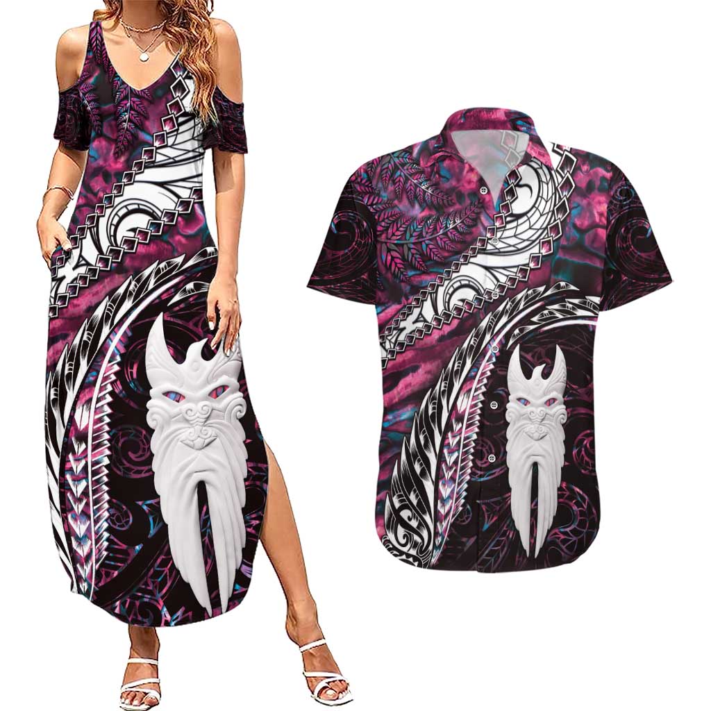 New Zealand Aotearoa Couples Matching Summer Maxi Dress and Hawaiian Shirt Maori Hei Rehua Paua Shell Glitter Pink LT05 Pink - Polynesian Pride