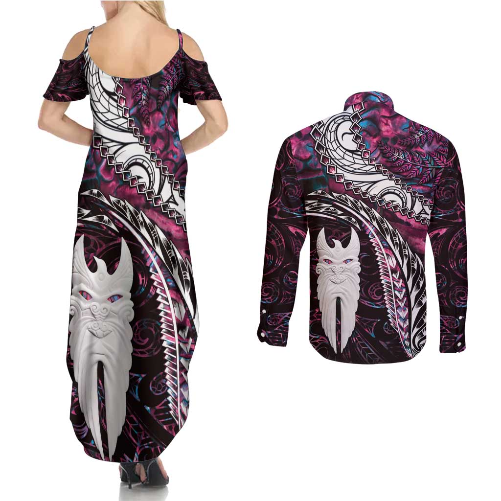 New Zealand Aotearoa Couples Matching Summer Maxi Dress and Long Sleeve Button Shirt Maori Hei Rehua Paua Shell Glitter Pink LT05 - Polynesian Pride