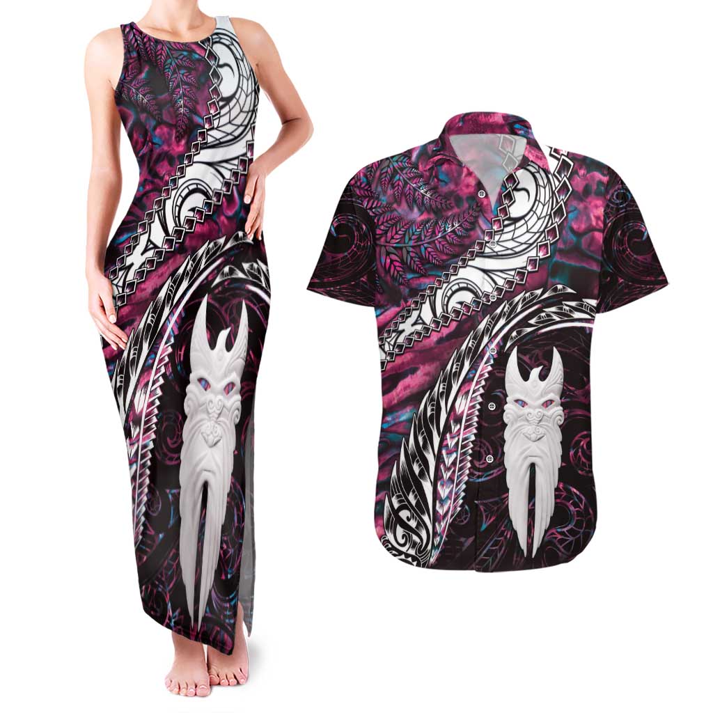 New Zealand Aotearoa Couples Matching Tank Maxi Dress and Hawaiian Shirt Maori Hei Rehua Paua Shell Glitter Pink LT05 Pink - Polynesian Pride