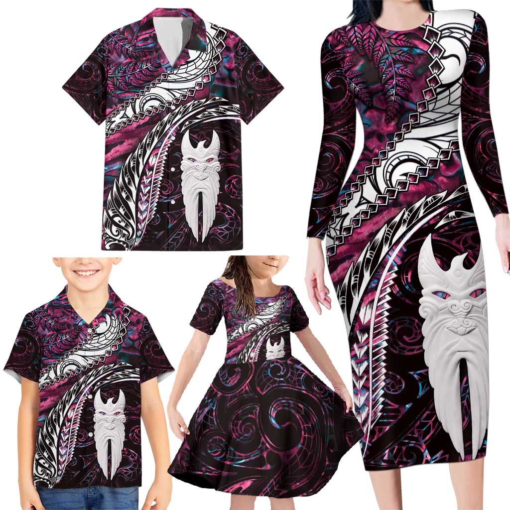 New Zealand Aotearoa Family Matching Long Sleeve Bodycon Dress and Hawaiian Shirt Maori Hei Rehua Paua Shell Glitter Pink LT05 - Polynesian Pride