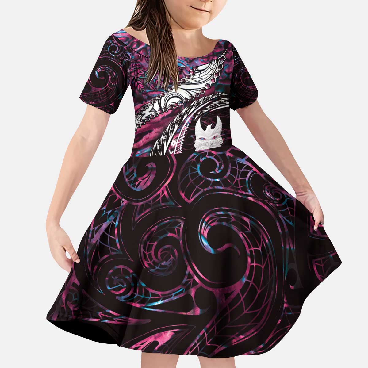 New Zealand Aotearoa Family Matching Puletasi and Hawaiian Shirt Maori Hei Rehua Paua Shell Glitter Pink LT05 Daughter's Dress Pink - Polynesian Pride