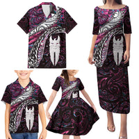 New Zealand Aotearoa Family Matching Puletasi and Hawaiian Shirt Maori Hei Rehua Paua Shell Glitter Pink LT05 - Polynesian Pride