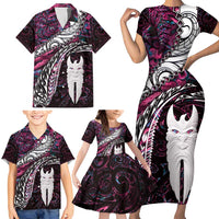 New Zealand Aotearoa Family Matching Short Sleeve Bodycon Dress and Hawaiian Shirt Maori Hei Rehua Paua Shell Glitter Pink LT05 - Polynesian Pride