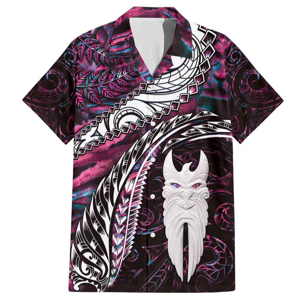 New Zealand Aotearoa Family Matching Short Sleeve Bodycon Dress and Hawaiian Shirt Maori Hei Rehua Paua Shell Glitter Pink LT05 Dad's Shirt - Short Sleeve Pink - Polynesian Pride