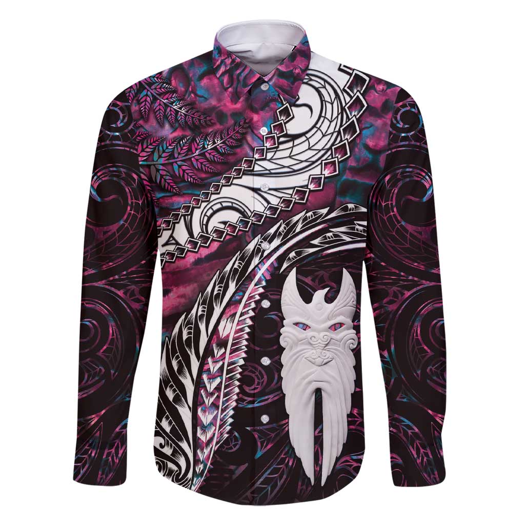 New Zealand Aotearoa Family Matching Short Sleeve Bodycon Dress and Hawaiian Shirt Maori Hei Rehua Paua Shell Glitter Pink LT05 Dad's Shirt - Long Sleeve Pink - Polynesian Pride