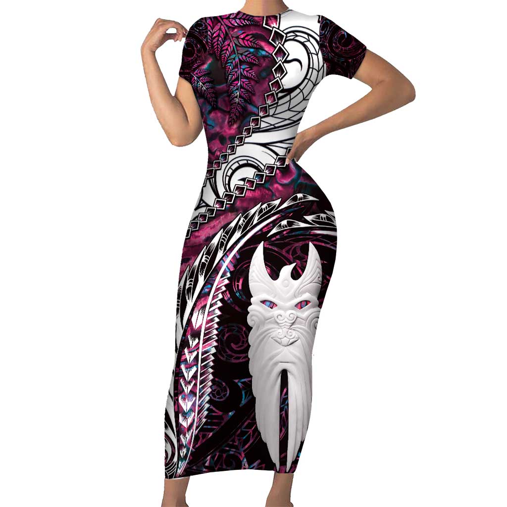 New Zealand Aotearoa Family Matching Short Sleeve Bodycon Dress and Hawaiian Shirt Maori Hei Rehua Paua Shell Glitter Pink LT05 Mom's Dress Pink - Polynesian Pride
