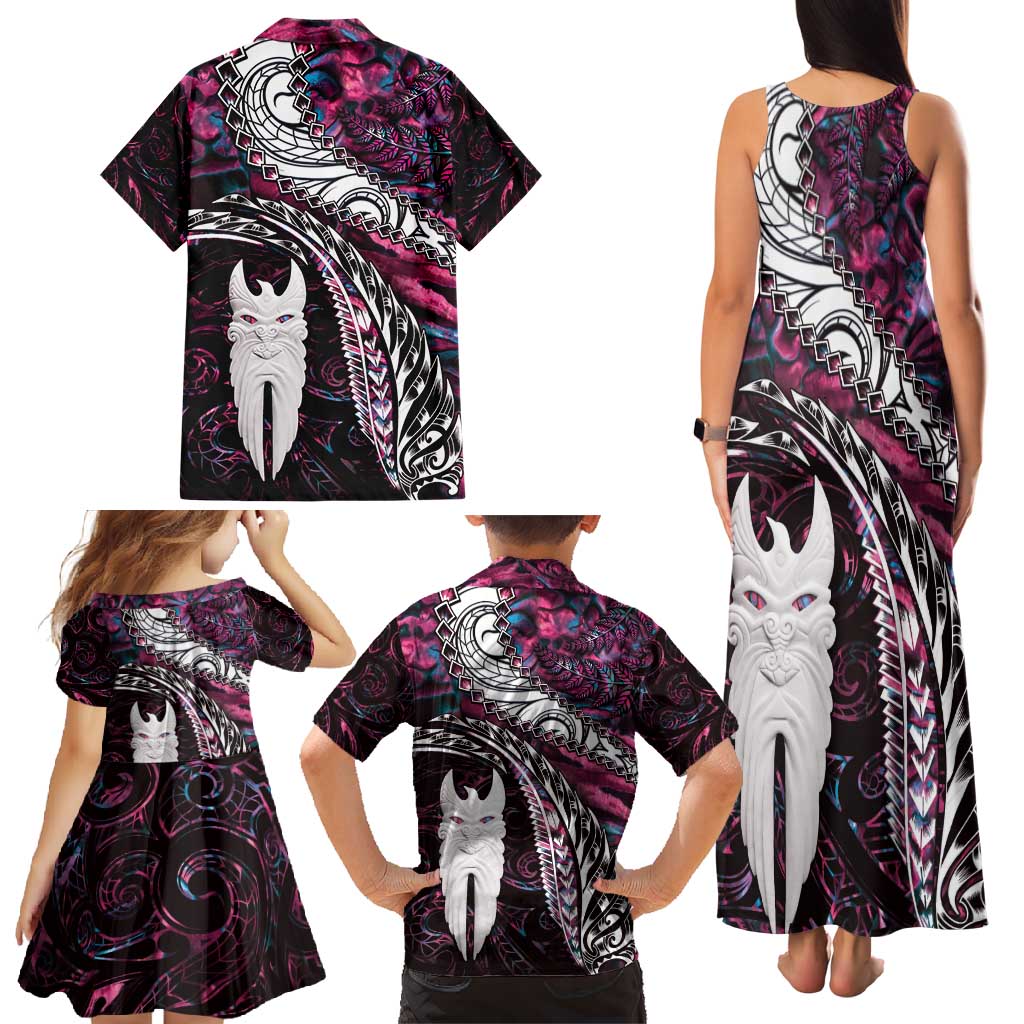 New Zealand Aotearoa Family Matching Tank Maxi Dress and Hawaiian Shirt Maori Hei Rehua Paua Shell Glitter Pink