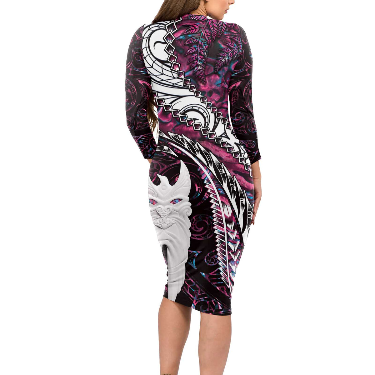 New Zealand Aotearoa Long Sleeve Bodycon Dress Maori Hei Rehua Paua Shell Glitter Pink LT05 - Polynesian Pride