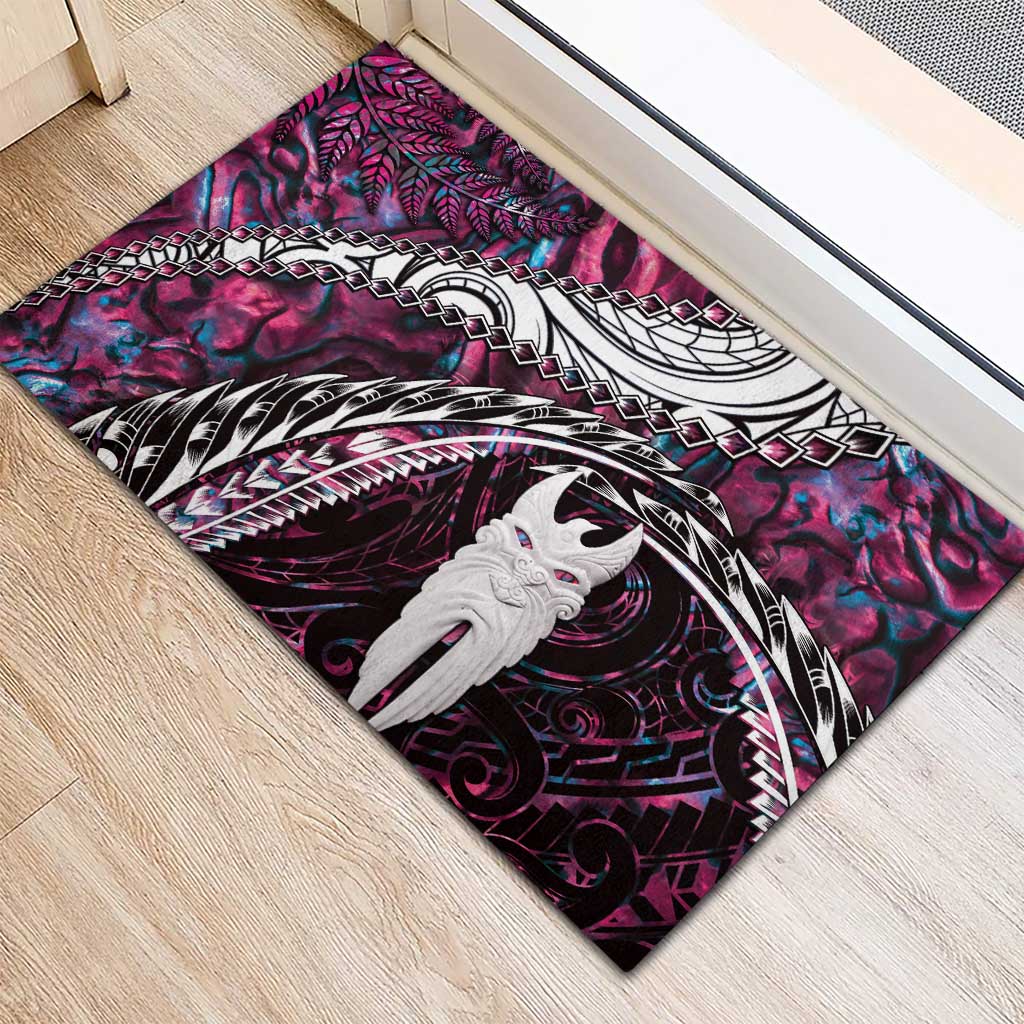 New Zealand Aotearoa Rubber Doormat Maori Hei Rehua Paua Shell Glitter Pink