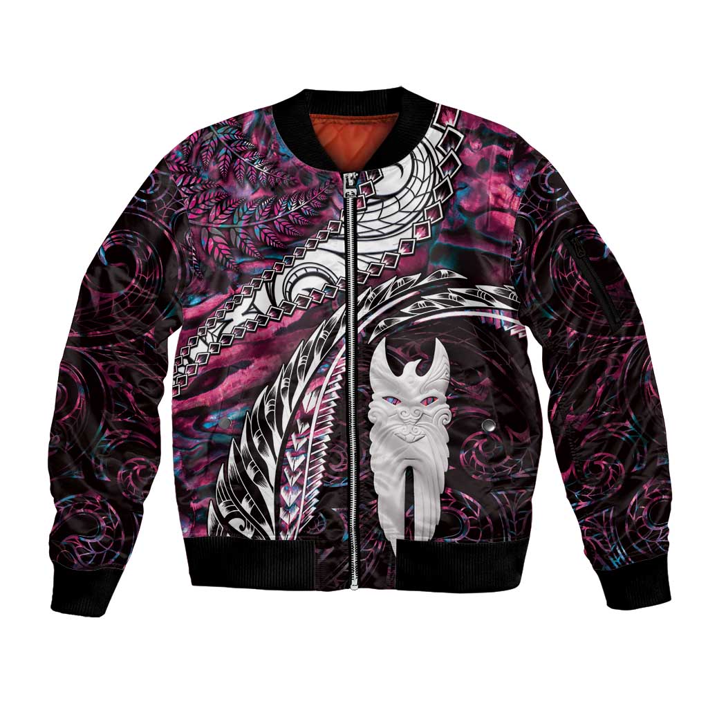 New Zealand Aotearoa Sleeve Zip Bomber Jacket Maori Hei Rehua Paua Shell Glitter Pink LT05 Unisex Pink - Polynesian Pride
