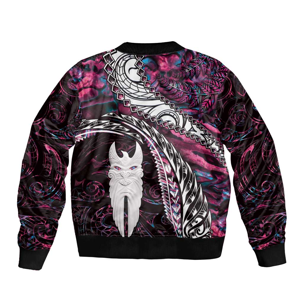 New Zealand Aotearoa Sleeve Zip Bomber Jacket Maori Hei Rehua Paua Shell Glitter Pink LT05 - Polynesian Pride