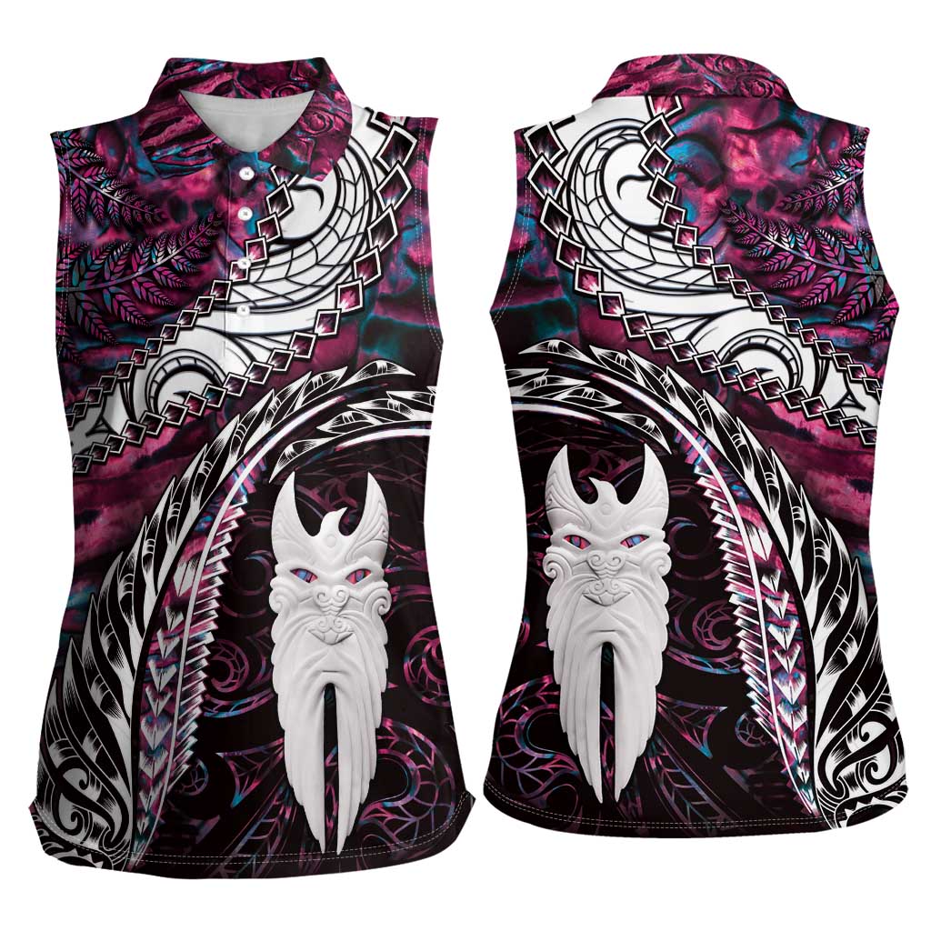 New Zealand Aotearoa Women Sleeveless Polo Shirt Maori Hei Rehua Paua Shell Glitter Pink