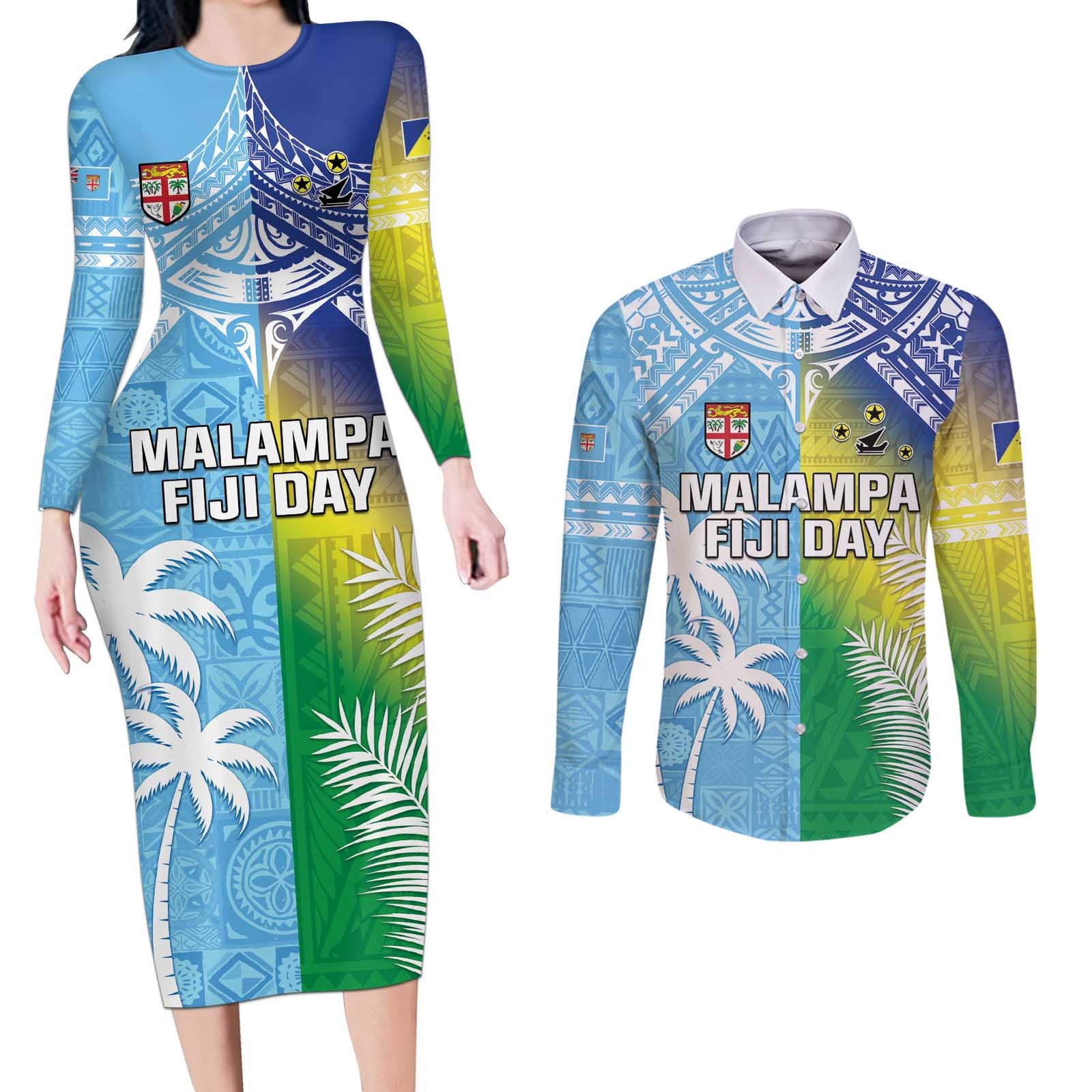 Personalised Happy Malampa Fiji Day Couples Matching Long Sleeve Bodycon Dress and Long Sleeve Button Shirt Half Mix Style