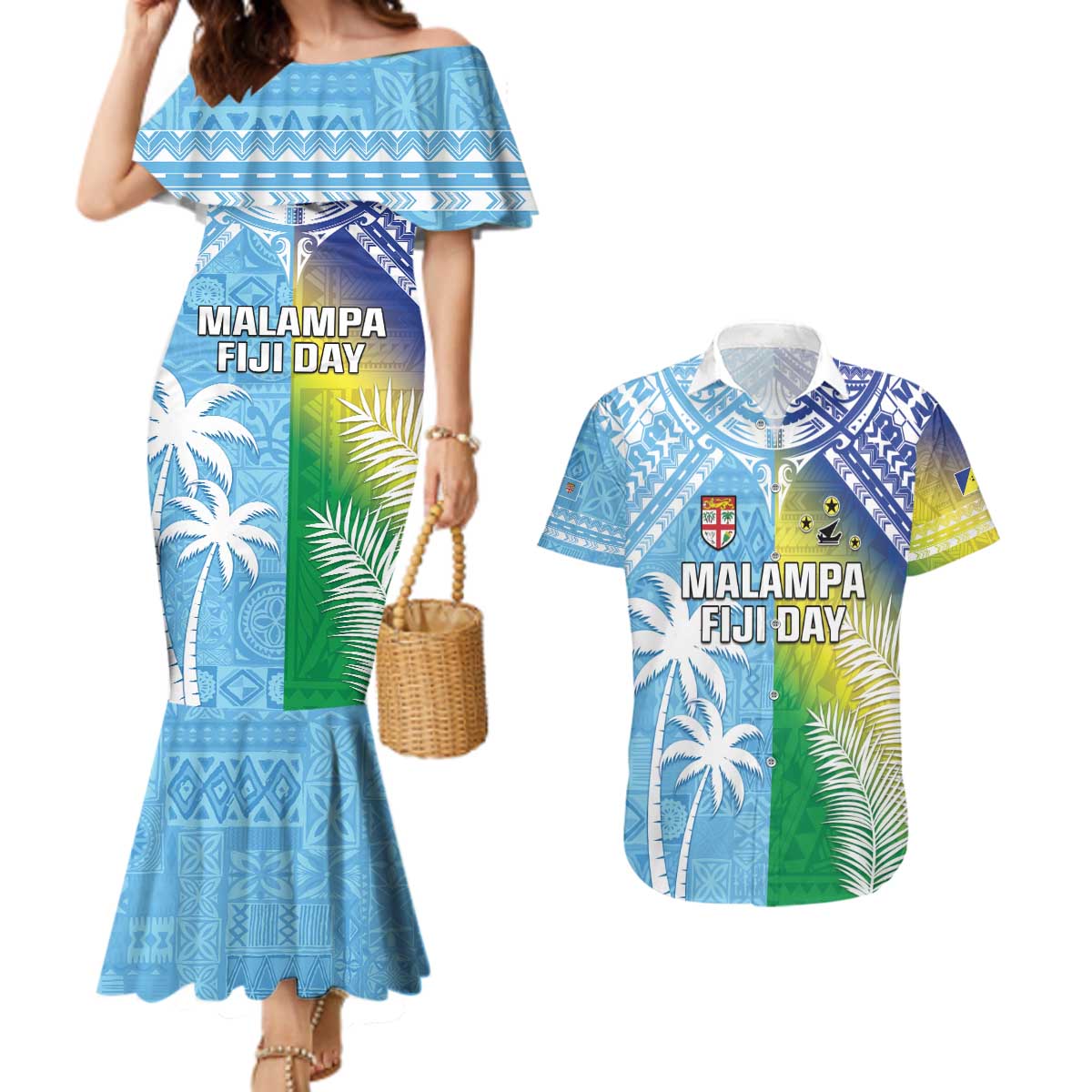 Personalised Happy Malampa Fiji Day Couples Matching Mermaid Dress and Hawaiian Shirt Half Mix Style LT05 Blue - Polynesian Pride