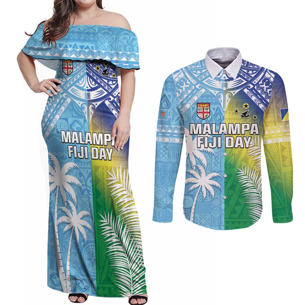 Personalised Happy Malampa Fiji Day Couples Matching Off Shoulder Maxi Dress and Long Sleeve Button Shirt Half Mix Style