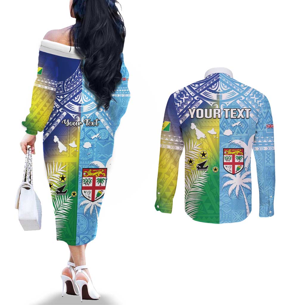 Personalised Happy Malampa Fiji Day Couples Matching Off The Shoulder Long Sleeve Dress and Long Sleeve Button Shirt Half Mix Style LT05 - Polynesian Pride