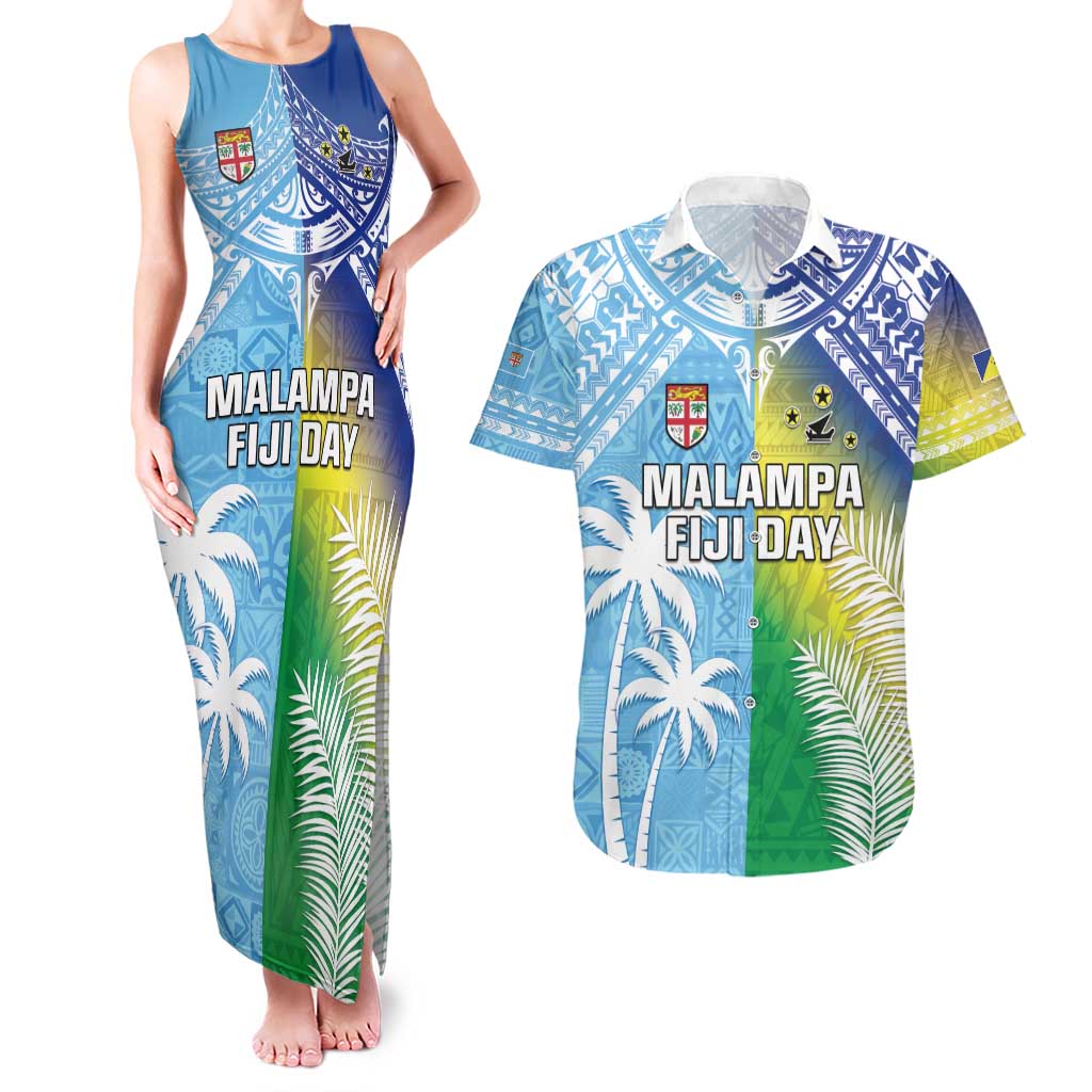 Personalised Happy Malampa Fiji Day Couples Matching Tank Maxi Dress and Hawaiian Shirt Half Mix Style LT05 Blue - Polynesian Pride