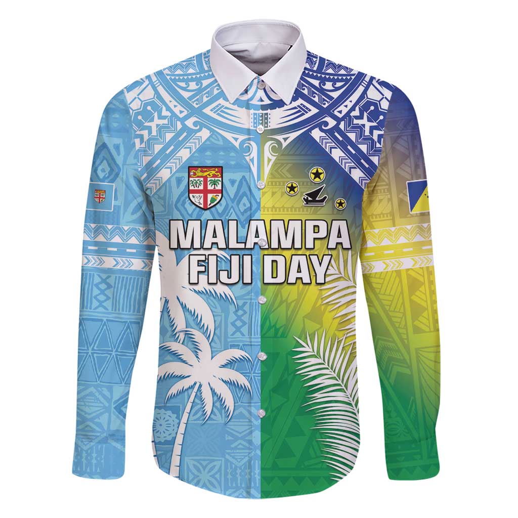 Personalised Happy Malampa Fiji Day Family Matching Long Sleeve Bodycon Dress and Hawaiian Shirt Half Mix Style LT05 Dad's Shirt - Long Sleeve Blue - Polynesian Pride
