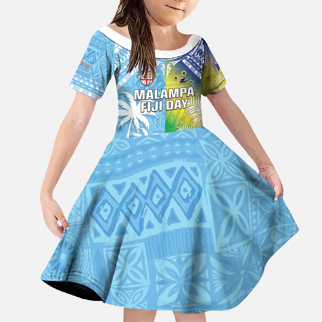 Personalised Happy Malampa Fiji Day Family Matching Mermaid Dress and Hawaiian Shirt Half Mix Style LT05 Daughter's Dress Blue - Polynesian Pride