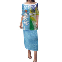 Personalised Happy Malampa Fiji Day Family Matching Puletasi and Hawaiian Shirt Half Mix Style LT05 Mom's Dress Blue - Polynesian Pride