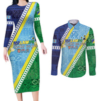 Love Malampa Fiji Day Couples Matching Long Sleeve Bodycon Dress and Long Sleeve Button Shirt Together We Grow LT05 Blue - Polynesian Pride