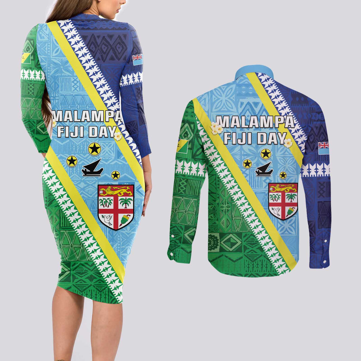 Love Malampa Fiji Day Couples Matching Long Sleeve Bodycon Dress and Long Sleeve Button Shirt Together We Grow LT05 - Polynesian Pride