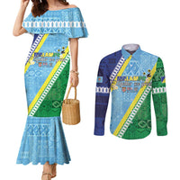 Love Malampa Fiji Day Couples Matching Mermaid Dress and Long Sleeve Button Shirt Together We Grow LT05 Blue - Polynesian Pride