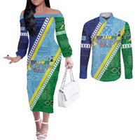 Love Malampa Fiji Day Couples Matching Off The Shoulder Long Sleeve Dress and Long Sleeve Button Shirt Together We Grow LT05 Blue - Polynesian Pride