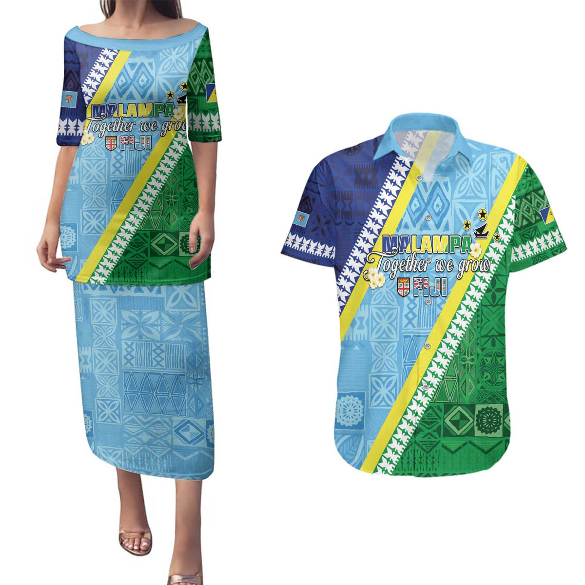 Love Malampa Fiji Day Couples Matching Puletasi and Hawaiian Shirt Together We Grow LT05 Blue - Polynesian Pride