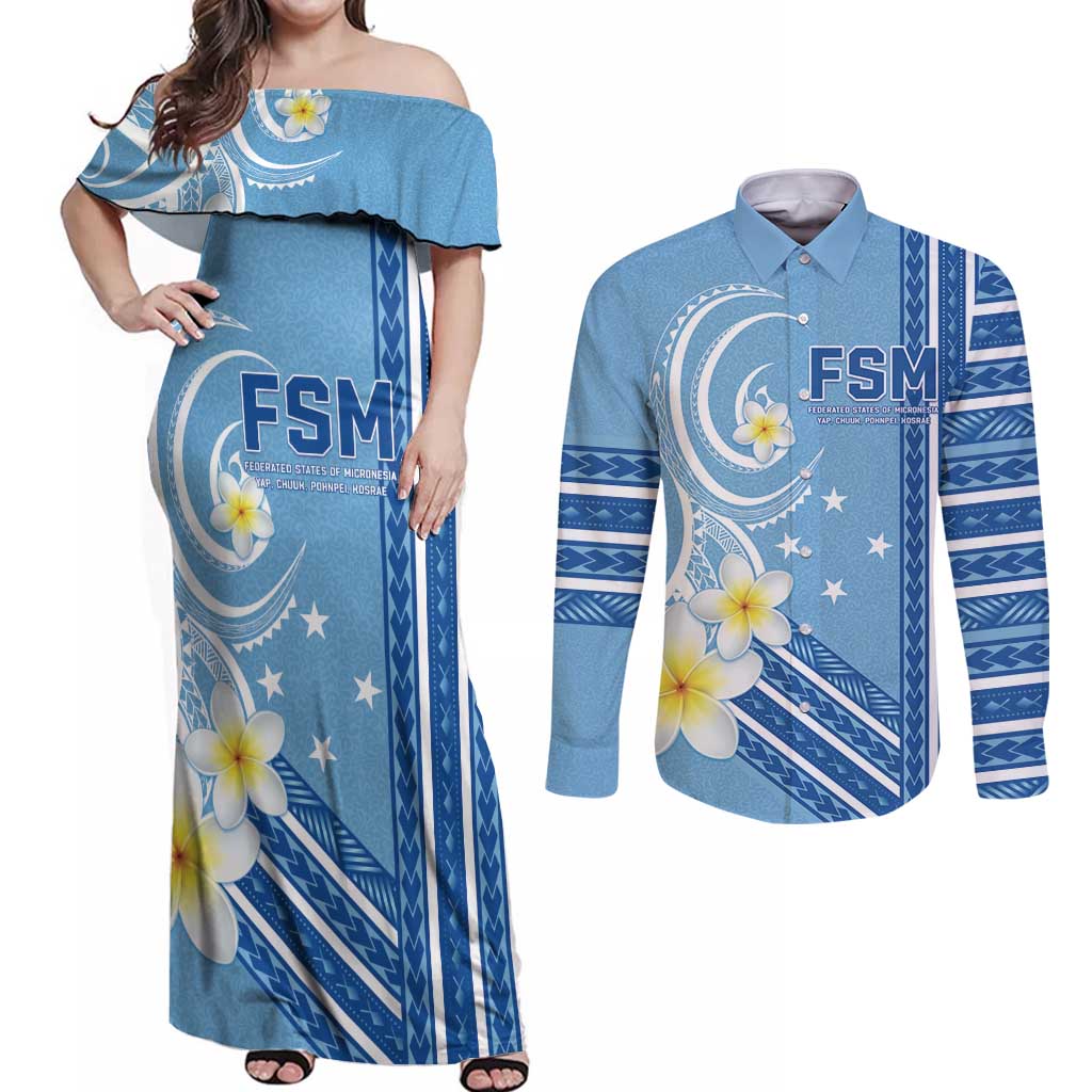 Personalised Federated States of Micronesia Couples Matching Off Shoulder Maxi Dress and Long Sleeve Button Shirt Happy 38th Independence Anniversary