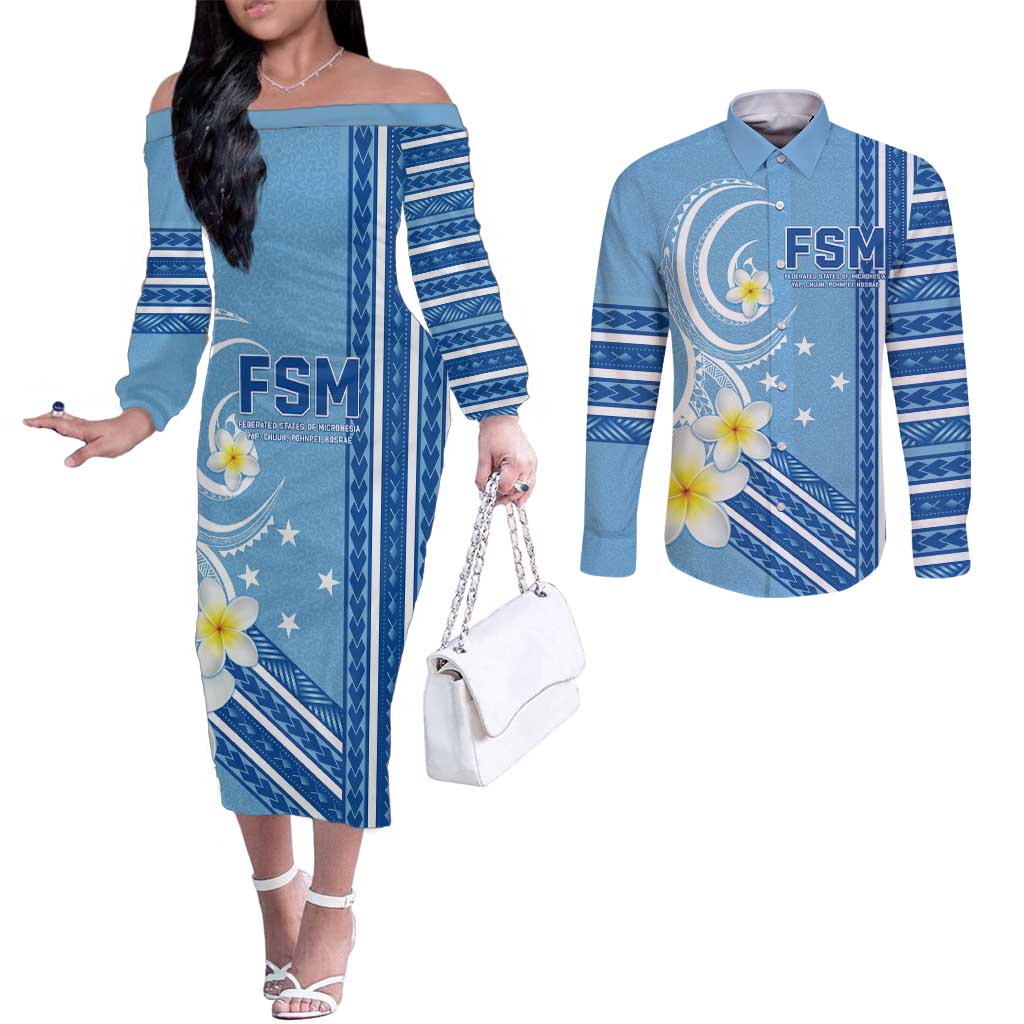 Personalised Federated States of Micronesia Couples Matching Off The Shoulder Long Sleeve Dress and Long Sleeve Button Shirt Happy 38th Independence Anniversary