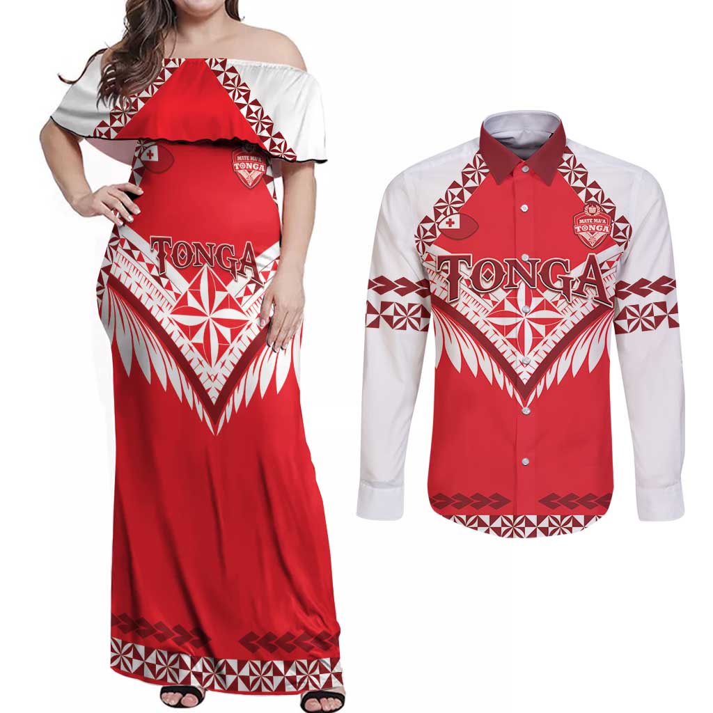 Custom Tonga Mate Maa Rugby Couples Matching Off Shoulder Maxi Dress and Long Sleeve Button Shirt Go Champions