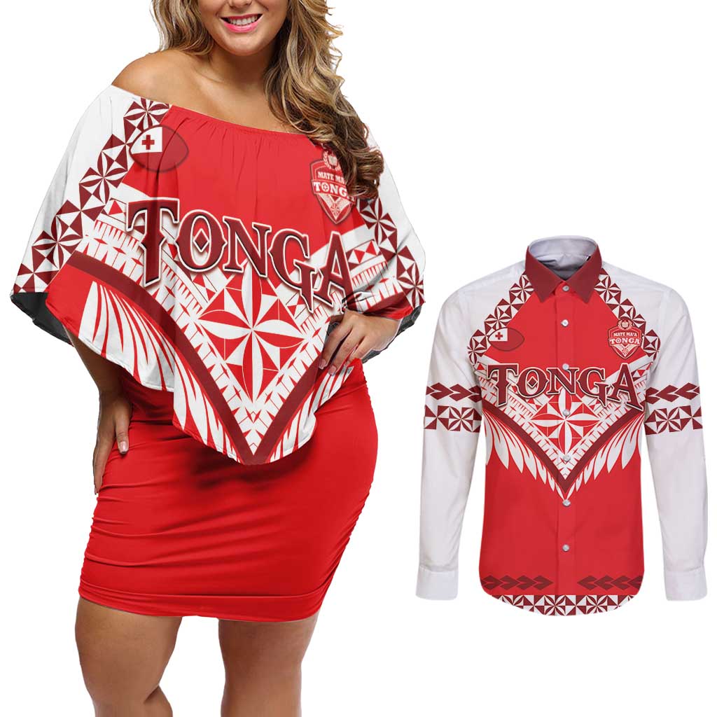 Custom Tonga Mate Maa Rugby Couples Matching Off Shoulder Short Dress and Long Sleeve Button Shirt Go Champions