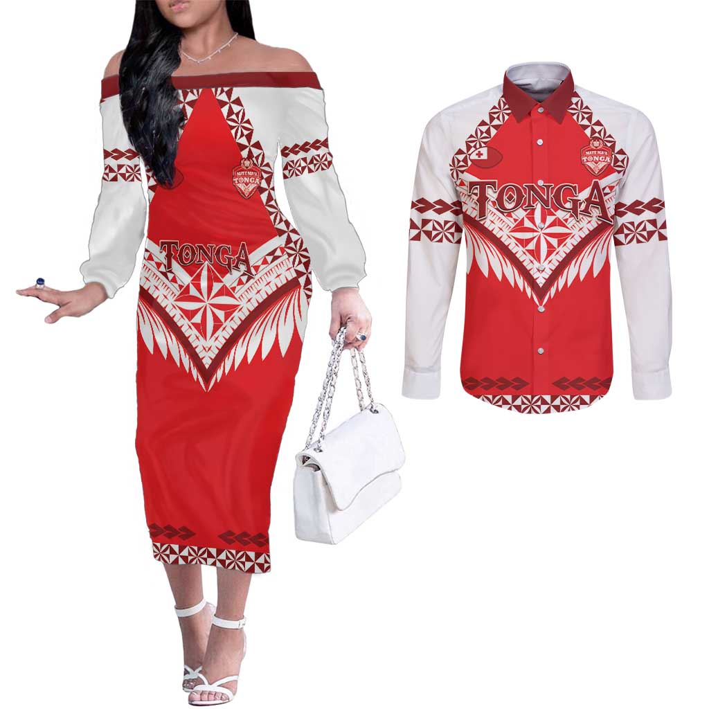 Custom Tonga Mate Maa Rugby Couples Matching Off The Shoulder Long Sleeve Dress and Long Sleeve Button Shirt Go Champions