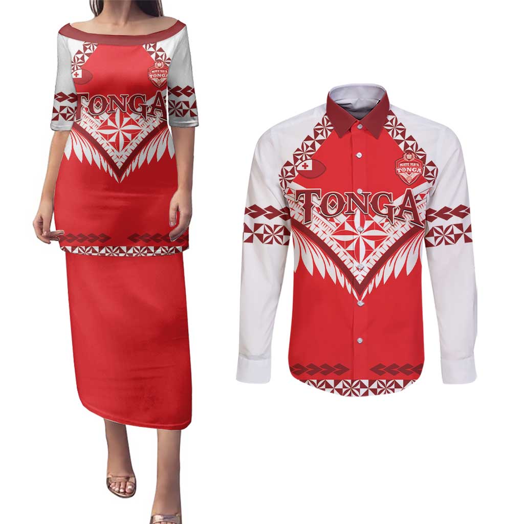 Custom Tonga Mate Maa Rugby Couples Matching Puletasi and Long Sleeve Button Shirt Go Champions