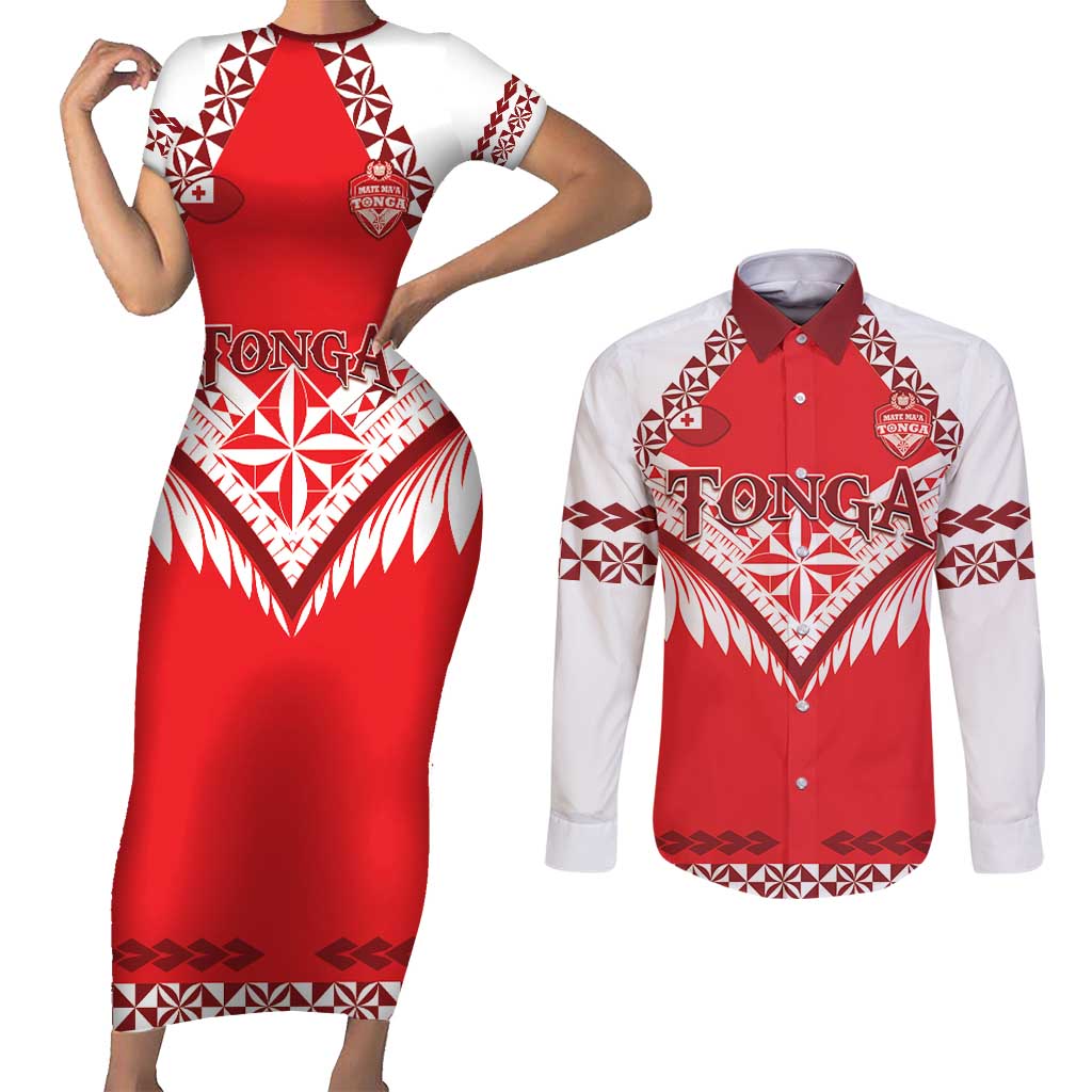 Custom Tonga Mate Maa Rugby Couples Matching Short Sleeve Bodycon Dress and Long Sleeve Button Shirt Go Champions