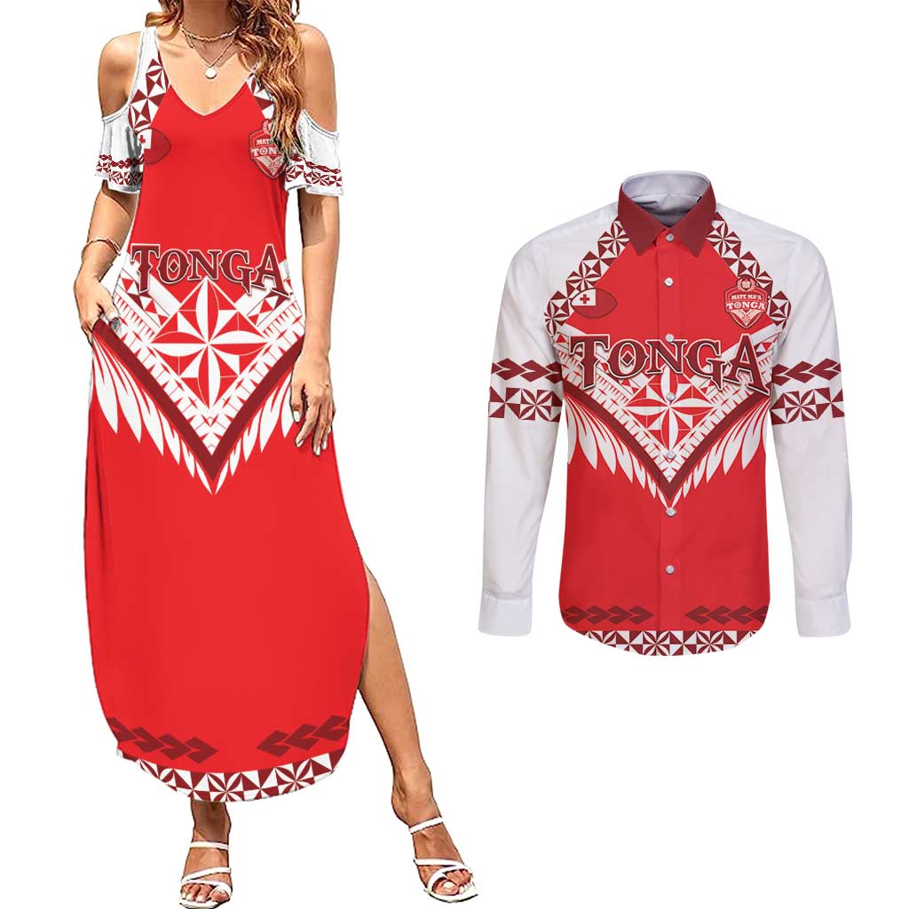 Custom Tonga Mate Maa Rugby Couples Matching Summer Maxi Dress and Long Sleeve Button Shirt Go Champions