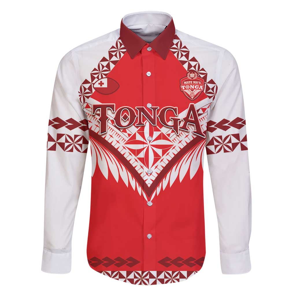 Custom Tonga Mate Maa Rugby Family Matching Long Sleeve Bodycon Dress and Hawaiian Shirt Go Champions LT05 Dad's Shirt - Long Sleeve Red - Polynesian Pride