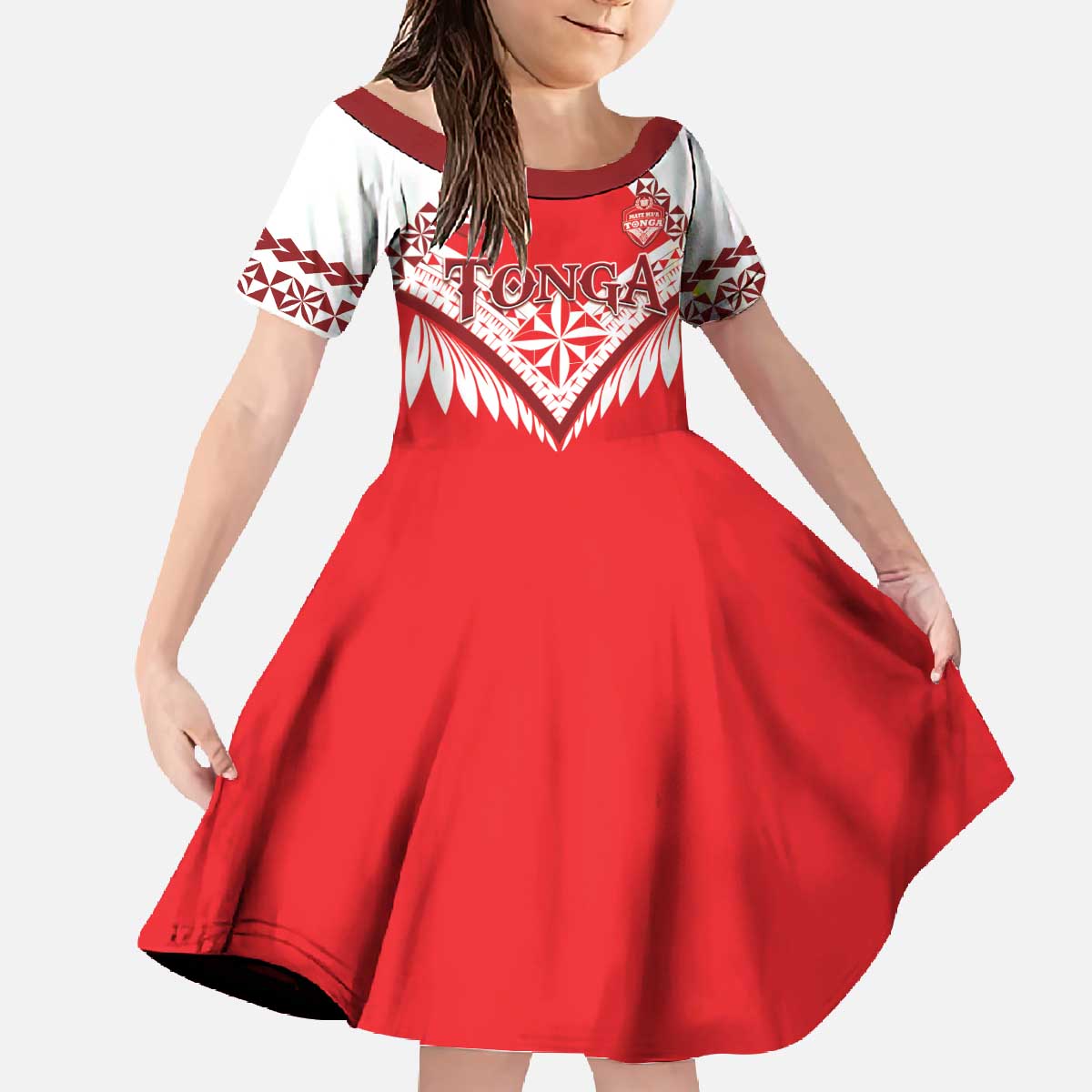 Custom Tonga Mate Maa Rugby Family Matching Off The Shoulder Long Sleeve Dress and Hawaiian Shirt Go Champions LT05 Daughter's Dress Red - Polynesian Pride