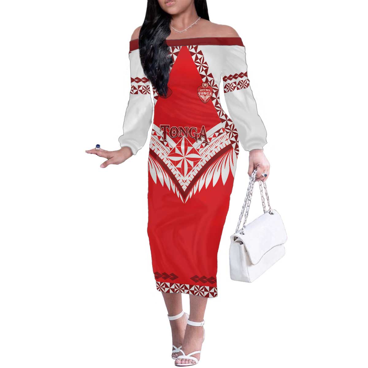 Custom Tonga Mate Maa Rugby Family Matching Off The Shoulder Long Sleeve Dress and Hawaiian Shirt Go Champions LT05 Mom's Dress Red - Polynesian Pride