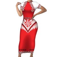 Custom Tonga Mate Maa Rugby Family Matching Short Sleeve Bodycon Dress and Hawaiian Shirt Go Champions LT05 Mom's Dress Red - Polynesian Pride