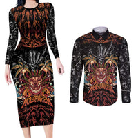 Aloha Halloween Couples Matching Long Sleeve Bodycon Dress and Long Sleeve Button Shirt Horror Tiki Heavy Metal Style - Polynesian Pride