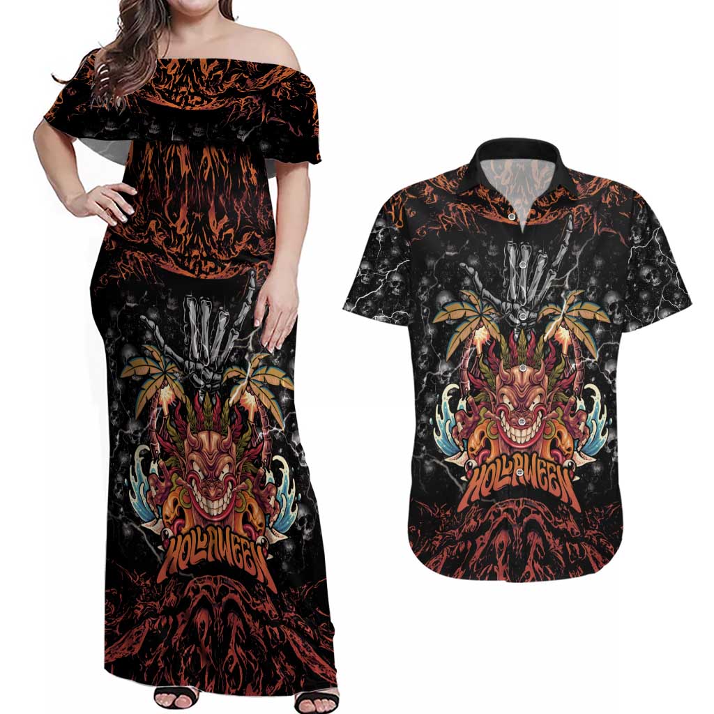 Aloha Halloween Couples Matching Off Shoulder Maxi Dress and Hawaiian Shirt Horror Tiki Heavy Metal Style - Polynesian Pride
