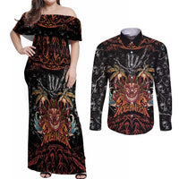 Aloha Halloween Couples Matching Off Shoulder Maxi Dress and Long Sleeve Button Shirt Horror Tiki Heavy Metal Style - Polynesian Pride